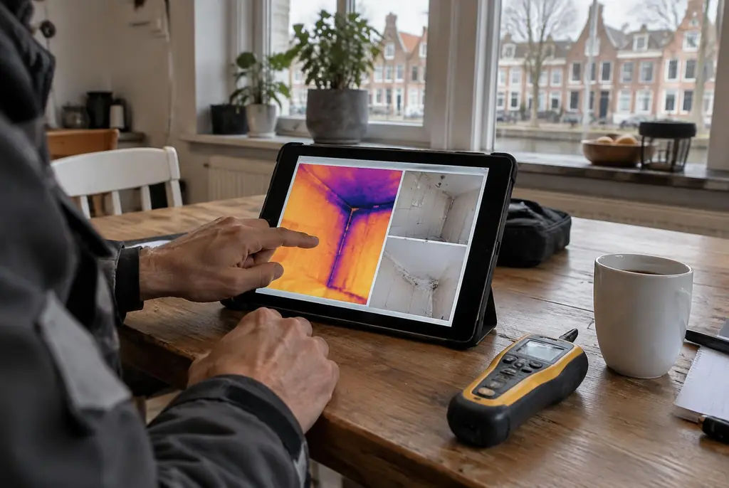 Lekdetectie Gorinchem – lekdetectierapport met warmtebeelden en foto's op een tablet