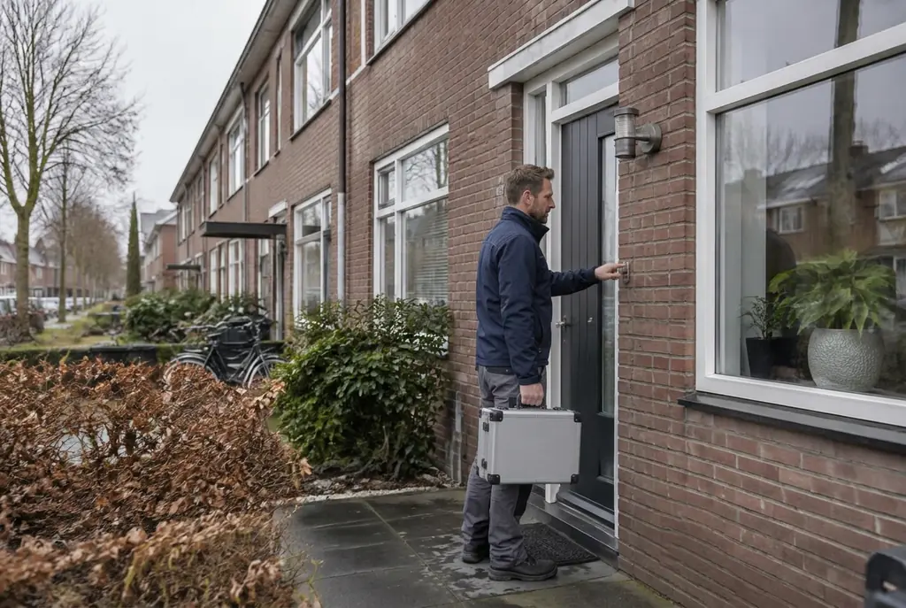 Lekdetectiespecialist met meetkoffer bij de voordeur van een woning in Gorinchem